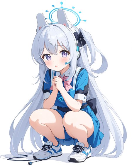 miyako \(blue archive\),1girl, solo, halo, white_background, white_footwear, blue_apron, simple_background, full_body, short_sleeves, bowtie, open_mouth, sneakers, animal_ear_headphones, looking_at_viewer, headset, blush, sparkle, squatting, shirt, holding_gun, rifle, one_knee
<lora:miyako_(blue_archive)_image1831_2023-11-28-000012:1>halo. gorgeous,key visual, vibrant, studio anime,award-winning, professional, highly detailed,high budget, cinemascope