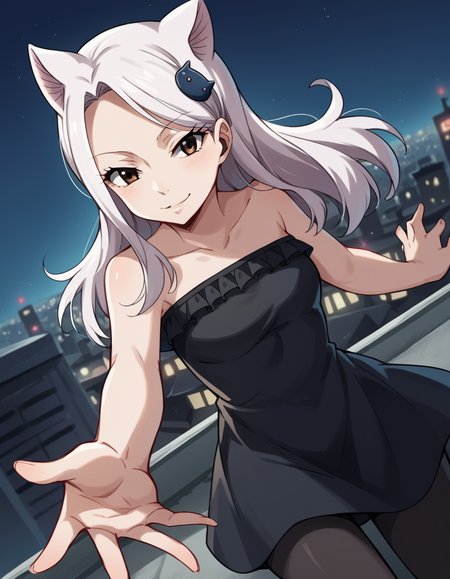 score_9, score_8_up, score_7_up, source_anime, <lora:fairytail-carla-anime-ponyxl-lora-nochekaiser:1>, fairy tail carla, long hair, hair ornament, animal ears, brown eyes, white hair, cat ears,, dress, pantyhose, black dress, black pantyhose, frills, bare shoulders, collarbone,, city skyline, rooftop view, night time, city lights, quiet reflection, smile, looking at viewer, hand reaching out, solo,, cowboy shot, dutch angle