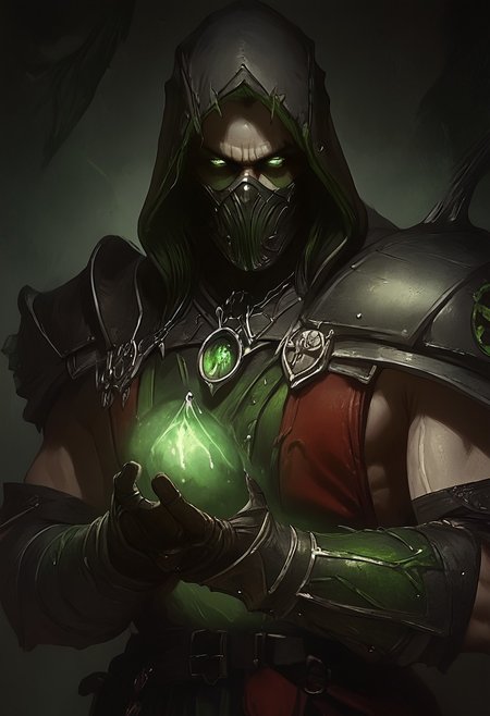 score_9, score_8_up, score_7_up, score_6_up, score_5_up, score_4_up, masterpiece, perfect face, perfect eyes,  ArsMJStyle, dnddarkestfantasy
Mortal Kombat Style, solo, gloves, 1boy, male focus, cowboy shot, belt, fingerless gloves, red armor, black mask, shoulder armor, black gauntlets, black hood up, pauldrons, sheathed, black vambraces, single pauldron, sinister atmosphere,
green flowing soul energy emitting on hands, background (demonic lair with green hints, green flowing waterfall with green souls), sexy guy, (((Mortal Kombat Style))), mature male, serious, serious look, ((half body shot:1.5)), front view, male focus, looking at viewer,
