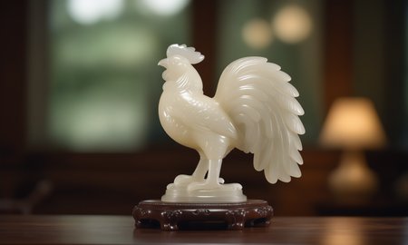 cinematic film still <lora:jadecarvingcd_xl-000007:0.8>,a statue of a cock made of (jadecarvingcd_xl,jade carving,translucent) on floor,no humans,long-focus,indoors,chinese zodiac,wooden table,cutie,cute,still life,animal statue,front view,facing viewer,looking at viewer . shallow depth of field, vignette, highly detailed, high budget, bokeh, cinemascope, moody, epic, gorgeous, film grain, grainy, 8K, HDR, UHD, masterpiece, best quality, highly detailed, high resolution, finely detail, extremely detailed, ultra detailed, wallpaper
