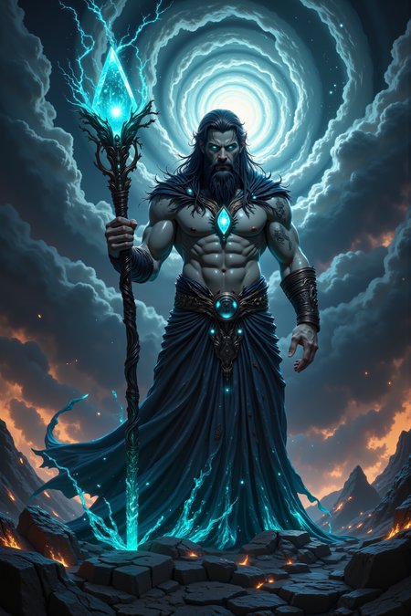 A cyclopean mage, his single eye glowing a brilliant turquoise, stands with one hand raised toward a swirling vortex of magic above him. His ashen-gray skin is marred with glowing runes that pulse in time with his heartbeat, each one etched deep into his muscular arms and chest. His long, unkempt black hair falls wildly around his shoulders, framing his broad, stern face. He grips a twisted staff carved from obsidian, its tip crowned with a pulsating crystal that crackles with raw arcane energy. The ground around him is scorched, covered in strange symbols etched into the earth, radiating power. Behind him, the sky is filled with dark storm clouds, swirling with unnatural energy that mirrors the chaos in his single, unblinking eye. His mouth is set in a grim line as he channels the magic, sweat trickling down his forehead. The faint hum of power fills the air, mingling with the distant crackle of lightning. His towering figure looms over the landscape, a master of elemental forces, commanding the very sky itself.<lora:PinkieEnchantedMJFLUX:0.7><lora:aidmaImageUpgrader-FLUX-V0.2:0.5><lora:aidmaMJ6.1-FLUX-v0.4:0.6>