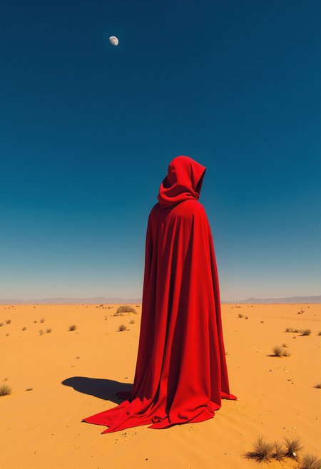 A figure in a long, flowing red cloak stands in the center of a barren desert. The cloak is hooded and fully envelops the figure, obscuring all facial features and body details. The cloakâs fabric drapes smoothly, forming soft folds as it touches the ground. The figure is facing away, with their back towards the viewer. The desert is flat and dry, with sparse patches of brown vegetation scattered around the yellow, parched ground. The sky is a deep blue, completely clear except for a single small, distant moon hanging above the horizon. The lighting is soft, without harsh shadows, creating a calm and mysterious atmosphere. The composition is minimalist, emphasizing the solitude of the figure in the vast, empty landscape.   <lora:FluxMythP0rtr4itStyle:0.8> MythP0rt, <lora:aidmaImageUpgrader-FLUX-V0.1:0.33> detailmaximizer,