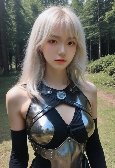 score_9, score_8_up, score_7_up, score_6_up, krgrl, korean girl, cute korean girl, photo, grainy, amateur, lowres, 2000s nostalgia, webcam photo, flash, 1girl, beautiful, white hair, long hair, bangs, fair skin, big breasts, leather armor, sword, forest, dappled sunlight, upper body, looking at viewer