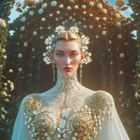 portrait of a beautiful  karlie kloss who is a fashion model surrounded of flowers from another planet, translucent plants, Andrey Remnev, Bridget Bate Tichenor, rococo, god light, cinematic, 35mm, 8k, fantasy, many details, much lightful, dream-like, masterpiece, detailed face, fantasy art, majestic, elegant, ornate, appealing, hypermaximalist, paradise, award winning photography, no watermark, trending on artstation --v 5