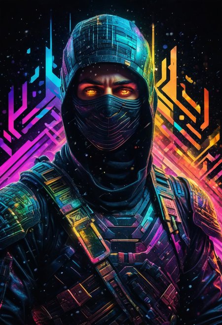 Illuminated ninja in the style of golden glitched rainbow. Snow is falling as holographic colored baroque geometric patterns float around the canvas in the style of colorful digital art. The image has a cyberpunk aesthetic with a glitchy distortion and psychedelic color palette. Black background, neon lights, glitch art, surrealism, high contrast, vibrant colors, psychedelic patterns, ethereal glow. The overall mood should be one of spiritual contemplation and otherworldly beauty. It's like something in the style of science fiction.