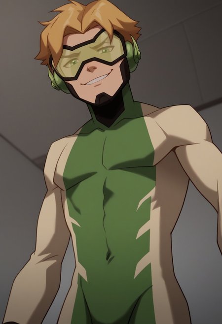 score_9, score_8_up, score_7_up, highly detailed, cute boy, 1boy, solo, Impulseyj, dark green framed goggles, green lens, really dark green and lightgreen bodysuit with light green design, blond hair, smug smile, from below, looking down at viewer, evil look