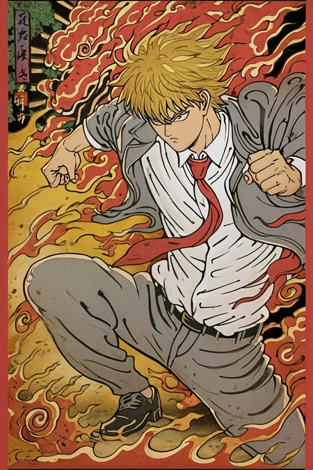 score_9, score_8_up, score_7_up, score_6_up, score_5_up, score_4_up,  <lora:ReigenXL:0.8> ReigenXL, necktie, shirt, white shirt, formal, grey jacket, grey pants,  collared shirt, <lora:traditional_Japanese_art:1>,  traditional japanese art, 1boy, fighting stance,  solo, alone,  masterpiece, highres