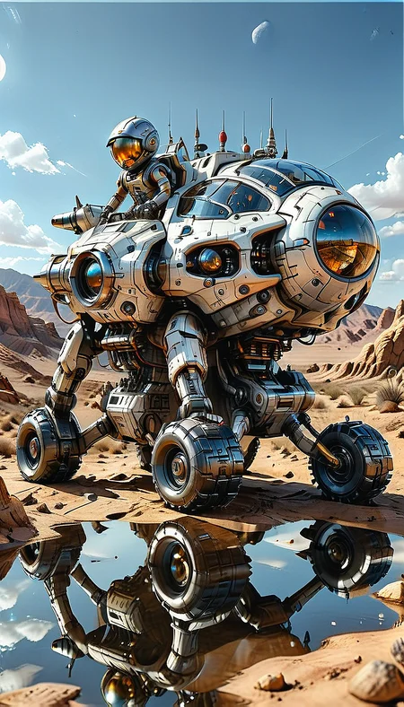 (robot, science fiction, mecha, mountain, 1boy, moon, cloud, sky, ground vehicle, 1other, sun, reflection, spacesuit, outdoors, helmet, spacecraft, motor vehicle, non-humanoid robot, scenery, desert, wheeled vehicle, Walking vehicle, Traction City)
(ultra sharp focus:2), (detailed windows:2), (thin lines:2), (reflections:2), (best quality:1.8),
<lora:Apparatus_-_Traction_City_Walkers_Vehicles:0.8>