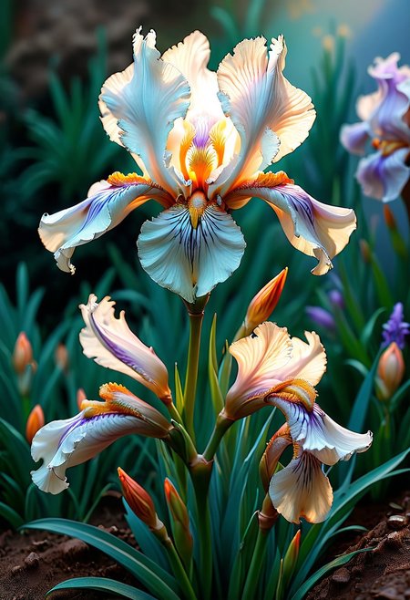 red white Iris flower at dawn, (bas-relief painting:0.8).  impasto style,
Background:photorealistic, Bright and vibrant colors, gorgeous image, ultra-detailed and hyper-realistic masterpiece, 4D, high definition, 3D details, 8k UHD resolution