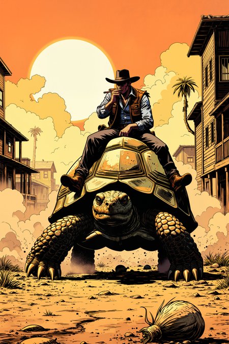 In the heart of a dusty, Wild West town, a lone cowboy slowly makes his way down the streetânot on a horse, but atop a massive, battle-worn tortoise, its ancient shell covered in bullet dents and bandoliers of ammunition. The tortoise chomps on a cigar as its massive feet crush the dry earth, kicking up a slow, lazy cloud of dust. The outlaw in the black hat, waiting for a duel at high noon, impatiently taps his boot as he watches the tortoise approach at an agonizingly slow pace. The sun hangs low in the sky, casting impossibly long shadows as a tumbleweed rolls past, seemingly moving faster than the cowboy himself.,meiman_style,This is a retro comic book style digital illustration,  <lora:meimanstylev2:0.4><lora:Vintage comic book:0.4><lora:RetroAnimeFluxV1:0.15><lora:Greg_Capullo_style:0.4><lora:jeanClaude_Mzires_Style_FLUX-000001:0.4><lora:Flux_Ink_Anime:0.4>