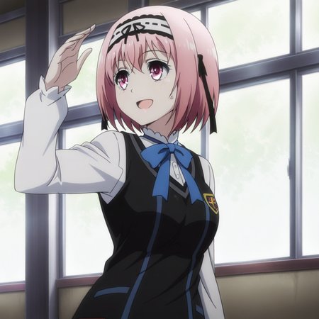 nsfw, masterpiece, best quality, 1girl,solo, val_love_mutsumi_saotome, standing, school uniform, pink hair, open mouth, short hair, pink eyes, smile, hairband, bow, ribbon, anime coloring, arm up, long sleeves, sweatdrop, shirt, window,  <lora:Mutsumi_Saotome_-_Val_Love:0.7>