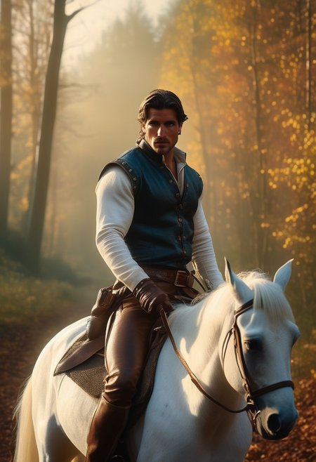 FlynnRider, 1man, realistic, riding white horse in forest, leather gloves, badass stance, manly,  full body shot, realistic, stunningly realistic, trending on artstation , (masterpiece), best quality, highres, 4k, 8k, intricate detail, cinematic lighting, amazing quality, amazing shading, soft lighting, 35mm, analog style, a realistic photo, film grain, (photorealistic:0.6), taken by a canon eos r5, ultra detailed skin, ultra detailed face,  chromatic aberration, colorful, bright colors,