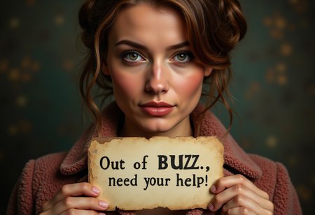 award wining photography, woman, (photorealistic:1.8), (ultra realistic:1.7). (instagram influencer photo:1.8). vintage, 45 YO woman, OverallDetail, Magical beautiful background fantasy, perfect face and eyes, hyper-detailed hypermaximalist dynamic style. Holding a card with a quote, spell text "Out of BUZZ, need your help!" aidmatextimprover
