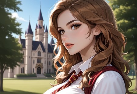 https://civitai.com/images/71069860
solo, (side view:1) masterpiece, best quality,masterpiece, best quality, good quality, very aesthetic, newest, 8K, depth of field, focused subject, BREAK, 1girl, hermione granger, brown eyes,close up, sexy lips, ecasagrande, looking at viewer, parted lips, flirty, 
(large breasts:1.2)
Hogwarts uniform, tie, school shirt,
Beautiful castle, trees, sunny, beautiful sky