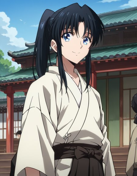 score_9, score_8_up, score_7_up, source_anime,
kaorukamiya, <lora:kaoru-kamiya-ponyxl-lora-nochekaiser:1>
kaoru kamiya, blue eyes, black hair,
skirt, japanese clothes, hakama, hakama skirt, ponytail,
outdoors, shrine, smile,
looking at viewer, dutch angle, cowboy shot