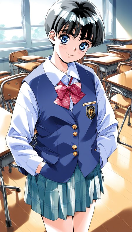 score_9, score_8_up, score_7_up, source_anime, rating_explicit, BREAK <lora:Shinohara_Izumi_XL:1>Shinohara_Izumi, black hair, blue eyes, short hair, bangs, small breasts, 
1girl, solo, hands in pockets, plaid, indoors, smile, looking at viewer, bow, school uniform, chair, long sleeves, bag, skirt, plaid skirt, vest