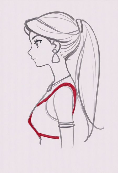 1girl, upper body, Jasmine, red outfit, ponytail,  ((solo)), from side, profile sketch, Minimalism, Greyscale, Stylized