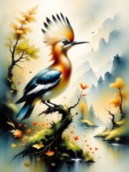 nature illustration in a watercolor painting style, watercolor on textured paper, with delicate, flowing brushstrokes, soft and detailed, the image shows an eurasian hoopoe perched on a moss-covered branch in the foreground, surrounded by a lush, sunlit landscape, the background features a tranquil countryside scene with open meadows, scattered trees, and distant rolling hills bathed in soft, golden light, in the foreground, the hoopoe perches gracefully, its vibrant plumage with striking black and white stripes on its wings and crest contrasting against the soft, natural tones of the branch, dew-drops cling to the moss, reflecting the morning light, in the background, a landscape of gently rolling hills stretches into the distance, dotted with wildflowers, trees with soft green leaves, the eurasian hoopoe is the main subject, its delicate posture and distinctive crest feathers raised slightly, as if alert to its surroundings, its curved beak points downward, ready to hunt for insects, the natural landscape provides a serene and idyllic backdrop, complementing the birdâs natural habitat, the hoopoeâs plumage is painted in delicate details, with shades of orange, brown, black, and white blending seamlessly, its distinctive crest is fanned slightly, giving a sense of alertness, the birdâs eye glistens with life, while its beak is long and curved, poised as if ready to peck, a vertical close-up of the hoopoe from a slightly low angle, allowing the bird to stand out against the wide-open background, the camera captures the bird in full detail, with the landscape gently fading into the distance, the lighting is soft and natural, golden hour, the warm sunlight bathes the bird and landscape in a gentle glow, highlighting the textures of the feathers and the delicate details of the foliage, soft, fluid edges and a dreamy atmosphere, the colors are soft yet vibrant, with subtle bleeding effects typical of watercolors, in the background light washes of green, yellow, and blue blending together to create a harmonious scenery, 3th33r34l, <lora:style-ethereal_grace-flux-by_andreac75:1.0> <lora:image_enhancer-flux-by_dever:0.8>