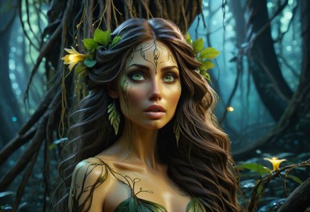 A picture of a beautiful Forest Nymph, her hair made of tree branches, long and hang down like the Weeping Willow, her skin resembles the texture of tree bark, she has Ivy vines to cover her Un-mentions, beautiful facial features, bright green almond shaped eyes, she is leaning her head  agents a dyeing tree, she is hugging the tree, starring at the camera, the Butter Tree yellow butter is dripping on the ground, peaking out of the forest is a Grim Reaper in the background, in the mid-ground is a dark bio-luminescent fairy forest with glowing mushrooms, Background concept for the movie “Avatar”, bioluminescent forest, alien planet, beautiful landscape, alien plants, Focused lights, whimsical fairytale, psychedelic trip, sharp focus on subject, 3D effect in the background, realizume,