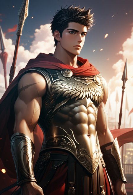 song_taewon standing on training ground, 1boy, solo, black hair, short hair, black eyes, sideburn, bara, muscular male, bare abs, scar, Spartan armor, red cloak, spear, training ground, score_9, score_8_up, score_7_up, detailed background