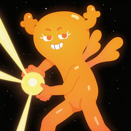 8k, uncensored, masterpiece, best quality, highly detailed, realistic, 1girl, solo, PenFGB, female humanoid, fairy, antlers, orange eyebrows, white eyelashes, dark-orange eyes, yellow skin, multicolored skin, small wings,  closed mouth, (looking at viewer, flying, space, stars, black background, detailed background, three-quarter portrait, feet out of frame(, ((5 fingers, kamehameha, energy ball, aura, glowing energy, energy beams)), (front view), narrowed eyes, smile, (teeth), (((featureless crotch)))
