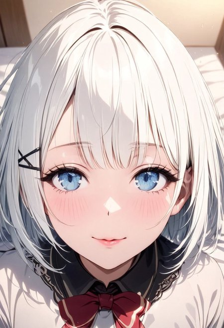((eye catching,eyelashes:1)) White hair, short hair, blue eyes, (xhairclip hairclip:1)), gorgeous lips, cinematic, (masterpiece), (best quality), (ultra-detailed), very aesthetic, illustration, perfect composition, intricate details, absurdres, detailed face, (masterpiece), (best quality, hires textures, high detail:1.1), (4k),(incredibly detailed:1.2),
school uniform, ponytail, small breasts,
smile on face, looking up, closed mouth, lying on bed,
beautiful sky,strong wind blowing, light particles, lens flare,
from above head, from distance,