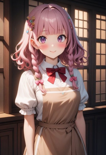 ((masterpiece), (best quality), (ultra-detailed), 
illustration, 3DMM, 
1girl, solo, pink hair, blunt bangs, curly hair, red bowtie , indoor, puffy sleeves,
white shirt, black pants, brown apron, 
 Purple eyes,
Indoor,  more Candy's,
glossy, delicate frame, angelic appearance, 
hair ornament,chiaroscuro shading, perfect body, dim natural light, night, window, soft smile, blushing,
 absurdres, cowboy shot,
   sharped eyes, sharp focus, angelic appearance,  side braids, night, darkness)