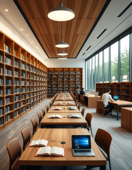 A high-resolution, ultra-realistic photograph of a modern college library interior. The scene showcases a spacious, open-plan design with large floor-to-ceiling windows allowing natural daylight to flood the space. The architectural style is contemporary, featuring minimalist furniture with clean lines: sleek wooden tables, ergonomic chairs in neutral tones (gray and beige), and built-in bookshelves made of light oak wood.
In the foreground, a group of diverse students (varied ethnicities and genders) are quietly studying, some using laptops, others reading books, with focused, calm expressions. One student is sipping coffee from a reusable cup.
The background displays rows of neatly organized books, indoor plants adding a touch of greenery, and modern pendant lights hanging from the ceiling, providing warm, ambient lighting. The floor is covered with soft gray carpet, and large abstract paintings decorate the walls, contributing to a cozy and intellectual atmosphere.
The overall mood is peaceful, studious, and inspiring, with balanced natural and artificial lighting, crisp details, and realistic textures, captured as if by a professional architectural photographer using a full-frame camera.
 <lora:SDXLFaeTastic2400:0.4> <lora:extremely_detailed:0.4> extremely detailed,<lora:modern_c0ll3g3_l1br4ry:1>,modern c0ll3g3 l1br4ry, Masterpiece,best quality,hi res,8k,hi res,8k,award winning,(sharp focus, intricate, highly detailed),