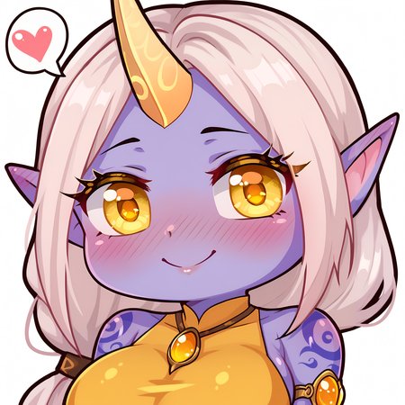 score_9, score_8_up, score_7_up, score_6_up, BREAK, SorakaLoLXLv2, purple skin, colored skin, white hair, long hair, low-tied long hair, sidelocks, yellow eyes, pointy ears, single horn, tattoo, large breasts, bare shoulder, red cropped torso, yellow dress, looking at viewer, seductive smile, spoken heart, nose blush, white background, emote, chibi, upper body, EmoteStylePXL <lora:EmoteStylePXL:1> <lora:SorakaLoLXLv2:0.9>