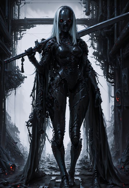 4ki4k4ne_illu,, r17329_illu,, mcnm,, XUER guangying masterpiece, best quality, good quality, very aesthetic, absurdres, newest, 8K, depth of field, focused subject, in the style of cksc, whimsical ghostly woman hkbeauty,   Title: "Lone Guardian in the Wasteland"  Art Style: Cyberpunk aesthetic, focusing on high-tech, dystopian elements and a gritty, industrial feel.  Subject Pose: The subject, a futuristic armored figure, is standing tall with a slight bend at the knees, as if ready for action. The arms are extended slightly, holding a large, technologically advanced weapon. The flowing cape billows dramatically behind the figure.  Visual Elements: The subject is clad in a sleek, dark, and metallic armor, adorned with various mechanical components. A cross emblem is prominently displayed on the chest. The figure's face remains hidden beneath a helmet, adding to the mystery of the character.  The background reveals a dilapidated structure with signs of wear and tear, evidence of abandonment or neglect. Scattered debris litters the ground, and an overcast sky hangs overhead, adding to the desolate atmosphere.  Colorscheme: The color palette is dominated by shades of gray, black, and silver. Occasional pops of white can be seen from the cross emblem on the armor. The setting sun casts long, dramatic shadows across the scene, adding depth and dimension to the image.  Composition Style: The rule of thirds is employed here, with the armored figure positioned along one of the gridlines. Leading lines are created by the jagged edges of the industrial structures and the flowing cape behind the subject. A sense of symmetry is achieved through the mirroring of the dilapidated structure in the background.  Lighting: The primary light source is a setting sun, casting long, dramatic shadows across the scene. Highlights can be seen on the metallic armor and the technologically advanced weapon, adding contrast to the overall gray and black tones of the image. The overcast sky contributes to the desolate, dystopian atmosphere. 1girl, solo, long_hair, breasts, holding, full_body, white_hair, weapon, sword, holding_weapon, armor, mask, bodysuit, holding_sword, science_fiction, walking, over_shoulder, cyborg, weapon_over_shoulder, cyberpunk, <lora:Akiakane  Shiiro's Styles:0.9> <lora:R754496  Shiiro's Styles  Niji:0.6> <lora:Mechanism-Illustious:0.8> <lora:ç»ªå¿ åæ¶æå¾åå½±è´¨æå¢å¼ºV3:0.4> <lora:rdtdrp:0.8>