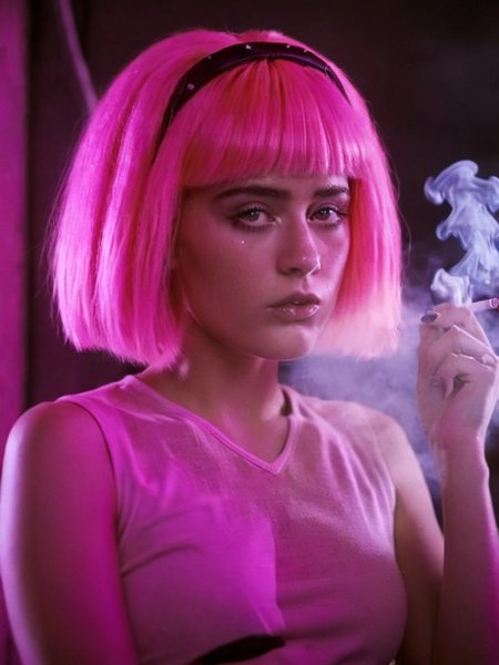 cinematic film still of rachael stephanie looking at the camera, pink hair, holding cigarette, dark room, blade runner style, sunset, volumetric lighting (smoke:1.3) 
 <lora:Blade Runner Style:1>
 <lora:stephanie_xl_V1:1>