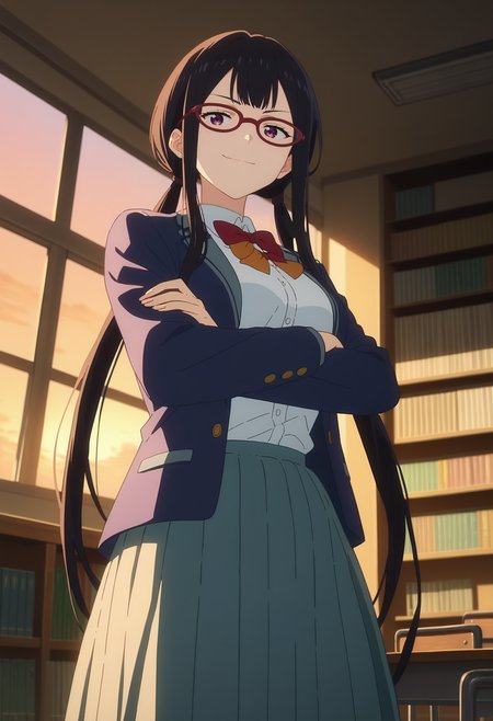 score_9, score_8_up, score_7_up, anime screencap, source_anime, 1girl, solo,
<lora:Koto_Tsukinoki_Makeine_V1:.85>, KJOkoto, black hair, purple eyes, long hair, low twintails, red glasses, 
school uniform, skirt, long sleeves, open jacket, 
crossed arms, smirk, from below, 
library, sunset, indoors, window, 
(Beautiful, medium Breasts:1.2),
