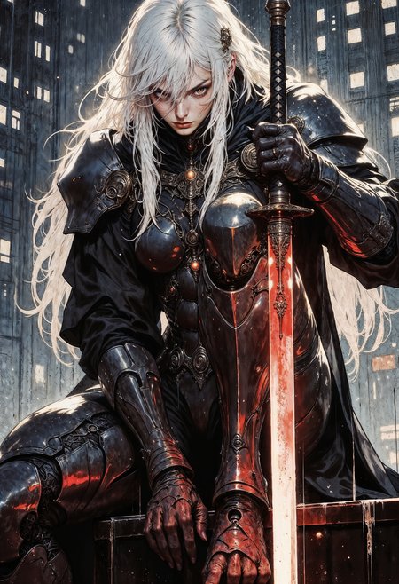 a futuristic, cyberpunk style. It depicts a humanoid figure with long, flowing white hair, crouched on a rain-soaked rooftop in a cityscape. The figure is clad in a sleek, black, armored suit with intricate mechanical details, giving a robotic appearance. The eyes are glowing red, adding an intense, menacing look. The character holds a katana with a glowing red blade, suggesting a high-tech weapon. The background shows a blurred city skyline with illuminated windows, enhancing the night-time setting. The rain is depicted with fine lines, adding a dynamic and atmospheric element to the scene. The overall color palette is dark, with shades of black, grey, and red dominating the composition, creating a dramatic and intense visual impact.