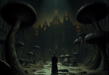 MikeFranchinastyle, d4artstyle, d4concept, , bbstyle,, horror theme,, zbrush, ZBClay model of a gray sculpture, 1990's, 1990's style
A nightmare landscape featuring an enchanted forest filled with massive, oversized black wet mushrooms with stems dripping saliva sparkling in dark shadows. The forest floor is covered in rocks and soft moss. moonlight filters through a gentle mist, casting cold golden beams across the scene. 
Set against a solid dark black color background to emphasize its unsettling unnatural form that emphasizes its silhouette. The medium is not a traditional painting or illustrative medium like watercolor or ink but rather a digital 3D rendering.