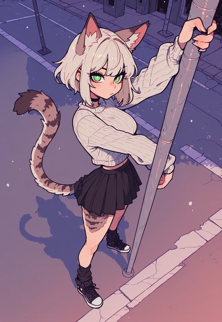 score_9, score_8_up, score_7_up, masterpiece, best quality, very aesthetic, 1woman, incoth, (incase:0.6), detailed face, (dynamic:1), catgirl, platinum blonde, green eyes, white pupils, comfy outfit, sweater, skirt, innocent, poledancing, poledance, pushed against pole, grinding streetlamp, stripper pose, street, streetlamp, animal ears, tail, spotted fur, Flatline, Flat vector illustration, perspective, sexual pose