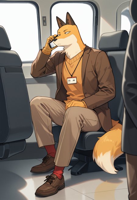 best quality, newest, absurdres, highres, (masterwork, masterpiece, best quality, hyper-detailed :1.3), 

1boy,


  y4m4m0t0, fox boy, black_eyes, brown jacket, orange sweater, brown pants, lanyard, red socks, shoes, background,

