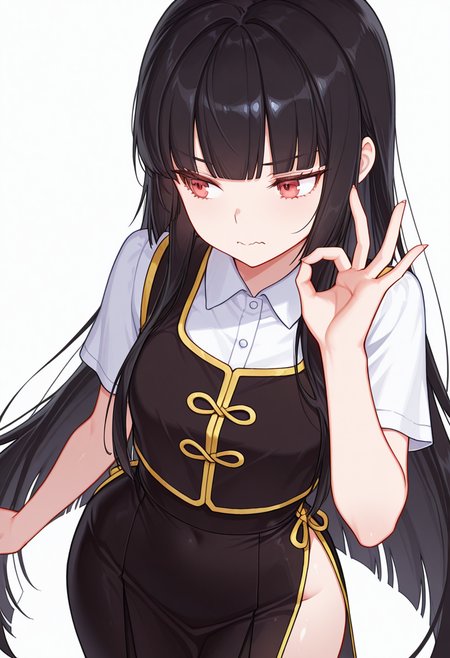 Smooth Quality,masterpiece,very intricate, high quality details, ultra realistic, high detailed skin,detailed enviorement,absurdres,
ok sign ,
 <lora:Atre_CNR:0.8> atre_cnr, 1girl, black hair, very long hair,blunt bangs, red eyes,, simple background, white background, from above,solo,, wavy mouth,, button-up vest, ,cheongsam top,   ,wrap skirt,  ,