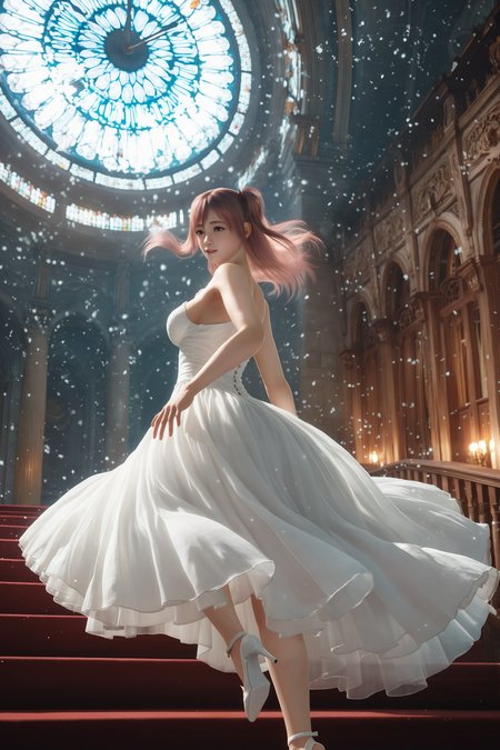 score_9,score_8,score_7_up,best quality,high detailed, realistic,   honoka \(doaxvv\), red eyes, pink hair,long hair, one side up, asymmetrical bangs, hair between eyes, sidelocks, windswept hair,  running, dynamic_pose, wearing an exquisite sparkling grey ball gown,fading gwon,dropped high heels on foreground, looking back, grand palace staircase,at midnight,  shimmering magical particles,  from behind,from below,(close up), dramatic moonlit scene, golden palace interiors with towering arches, opulent chandeliers, a sense of urgency as the clock strikes twelve,floating fairy dust, blurred royal guards chasing romantic yet chaotic atmosphere, cinematic lighting, fairytale aesthetic, highly detailed textures, Disney-inspired style, ethereal glow, motion blur on the flowing dress         <lora:doa_honoka_pdxl_v11:1.0000000000000002>