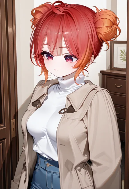 <lora:HandFixer_pdxl_Incrs_v1:1>, <lora:ê·¸ë¦¼ë³´ì  ìì ê¸°:0.5>,  <lora:ê·¸ë¦¼ë³´ì  ponyv6_noobV1_2_adamW-000017:1>, <lora:add-detail-xl:1.5>, <lora:ê·¸ë¦¼ë³´ì  ìì¸íë:1>, <lora:NOOB_EPSv1_1_detailer_by_vlnvk_v1_0:1.5>, mika pikazo \(style\), ningen mame, ciloranko, ask (askzy), ratatatat74, nyalia, 
1girl, solo, (nsfw), 
<lora:ìºë¦­í°_ì¤ìëª½:1>, kimota_oym, red eyes, red hair, orange hair, multicolored hair, gradient hair, medium breasts, short hair, hair bun, double bun, bang, blunt bang, ahoge, sidelocks, hair between eyes, blush, jacket, brown jacket, coat, open coat, turtleneck, shirt, white shirt, denim, jeans, blue pants, 
masterpiece, best quality, amazing quality, very aesthetic, absurdres photorealistic, modern, recent, newest, distinct, super_detail, highly detailed, Illustration, year 2023, year 2024,