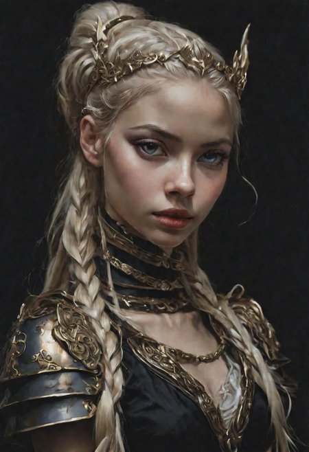 1girl, 25yo,, hyperrealistic, masterpiece, trending on artstation, oil on canvas, baroque, (((black dark background))), baroque plate armor, elf ears, golden circlet,