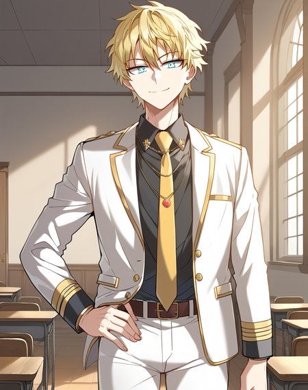 reinhardt_manhwa, short hair, blonde hair, blue eyes, yellow necktie,  belt, white pants, white blazer, academy school uniform, collared blazer, open blazer, necklace BREAK indoors, classroom, medieval BREAK hand on hip, smile, cowboy shot, BREAK score_9, score_8_up, score_7_up, source_anime ,zPDXL,  <lora:Reinhardt__Valier:0.8>