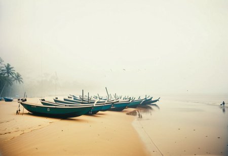 lith_argenta_argenta_nn112w, instagram photo, a foggy beach with some boats in sri lanka, hard shadows, film grain