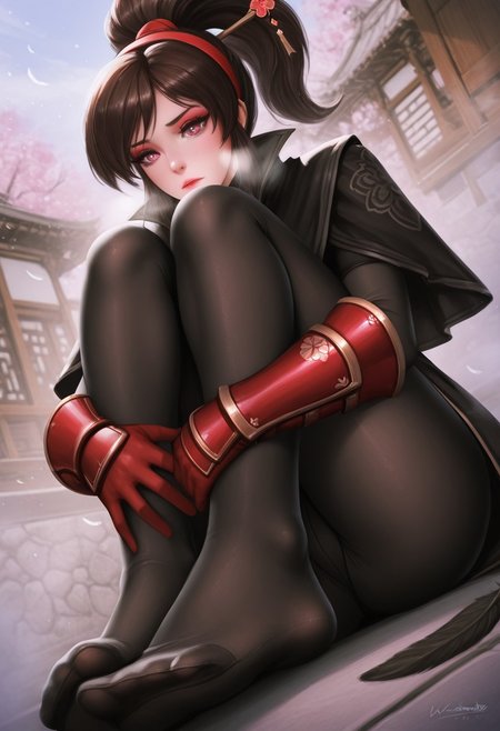 kukuyosama,  outdoors, undershirt, falling feathers, black bodysuit, hair stick, hugging own legs, , gauntlets,   eyeshadow,   red gloves,  high ponytail,  , black capelet, red hairband, pink eyes, 1girl, solo, feet, visible breath,   dynamic angle, foreshortening, smell, steam,