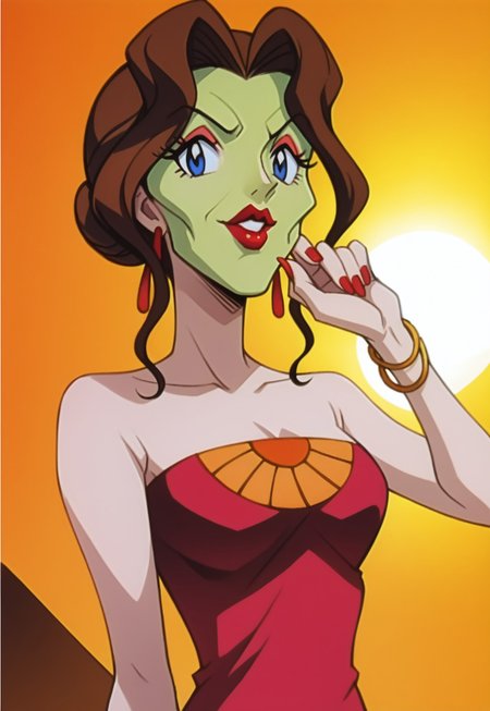 safe_pos, score_9, score_8_up, score_7_up, score_6_up, <lora:PMSAL:0.9> source_anime, PokemonStyle, anime screenshot, official art,
full body, bizarre, (PMSAL|she mask, the mask, (green face|green rubber face), green mask, green skin),
BREAK
big eyes:1.2, makeup, long eyelashes, high cheekbones:1.22, cleft chin:1.12, thick lips, red lipstick
BREAK
brown hair, single hair bun, low hair bun, bangs, sidelocks, lipstick, blue eyes, breasts, nail polish,
earrings, strapless dress, red dress, bracelet, feather boa, red high heels,
looking at viewer, facing viewer, armpits, from below, upper body, close-up, 
BREAK indoors, blue sky, day, sunlight, on yacht, party,