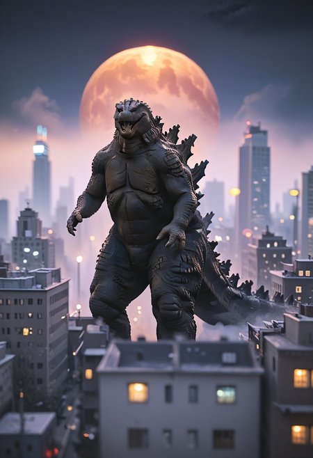 Score_9, score_8_up, score_7_up, score_6_up, zPDXL3, medium shot, BREAK, realistic,hyperrealism,ornate,studio photograph, model_building, model_kit_(medium), M1n14tur3 city skyline, solo Godzilla (kaijuu macrogts, lateral pose) walking behind city skyline, plastic buildings, forced perspective, redsky, black clouds, yellow full moon, blurry background, building, outdoors, night, model city, plastic buildings, plastic, model buildings, toy buildings, mini\(ttp\),