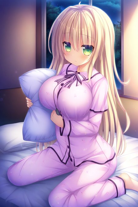 masterpiece, best quality, amazing quality, very aesthetic, absurdres, newest, scenery,<lora:Kadoya Yaeka_ilxl_v1-000015:1.1> ,kadoya yaeka, 1girl,solo, looking at viewer, large breasts, pajamas, jitome, looking at viewer,sitting, wariza, on bed, holding pillow, bowtie, night,