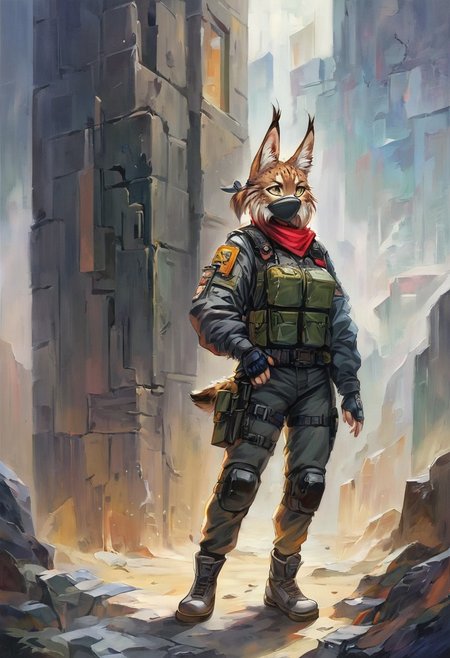 Score 9, Score_8_up, Score_7_up, ng_deepnegative_v1_75t, negative_hand, charturnerv2, knee-deep portrait of adult female,  banners, starship, high technology, shirt, fingerless gloves, soldier uniform,, , anime, Arknight provens, detailed background, cyberpunk, bandana, facemask, furry,  lynx species,  lynx tail, lynx ears