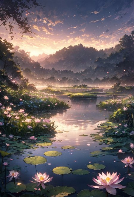 detailed background,( Calm spring night landscape), amongst lush greenery, beautiful view, Water lilies in full bloom, Water lilies, Unexplored, early morning, sunrise sky, beautiful clouds, dappled sunlight, beautiful, Tranquil Lake, Walkway, petals dancing in the wind, depth of field, masterpiece, best quality, ultra-detailed, very aesthetic, illustration, perfect composition, intricate details, absurdres, moody lighting, wisps of light, no humans,