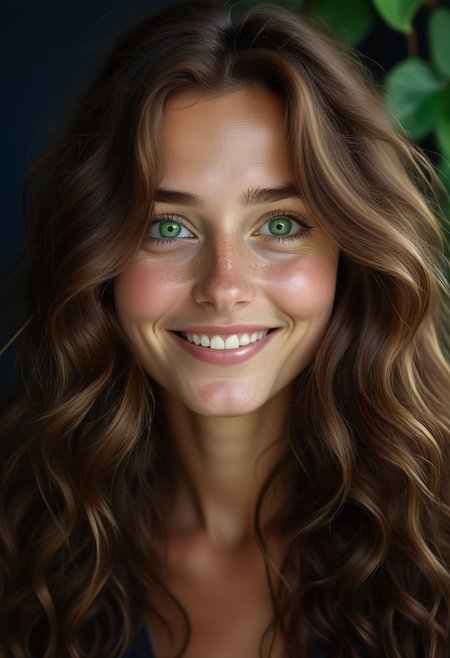 2d, A portrait of a woman with long, wavy chestnut brown hair cascading over her shoulders, her green eyes sparkling with mischief, and a subtle, knowing smile on her lips., highly detailed, Biophilic, hard light, deep indigo, sad atmosphere <lora:usual-portrait-v2:1>