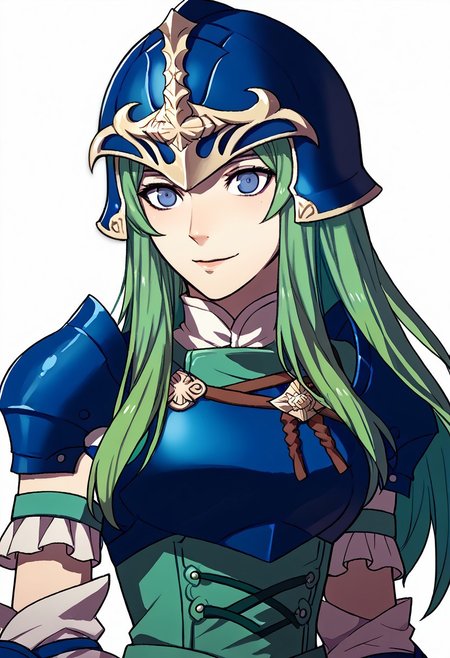score_9, score_8_up, score_7_up, source_anime BREAK 1girl, solo, <lora:zs_FE3HPortraitsXL:1> fe3hportraits, upper body, white background,NepheneeFEXL, blue eyes, green hair, long hair, sidelocks, medium breasts, blue armor, blue helmet, shoulder armor, breastplate, green corset, green loincloth, white sleeve, detached sleeve, guantlets, smile,<lora:NepheneeFEXL:0.8>